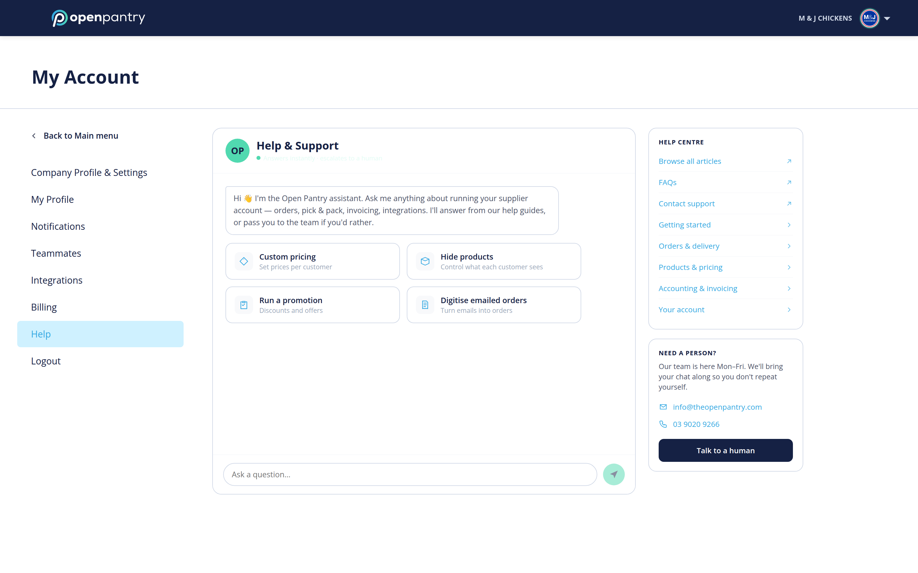 The Help and Support page showing the contact details and Talk to a human option