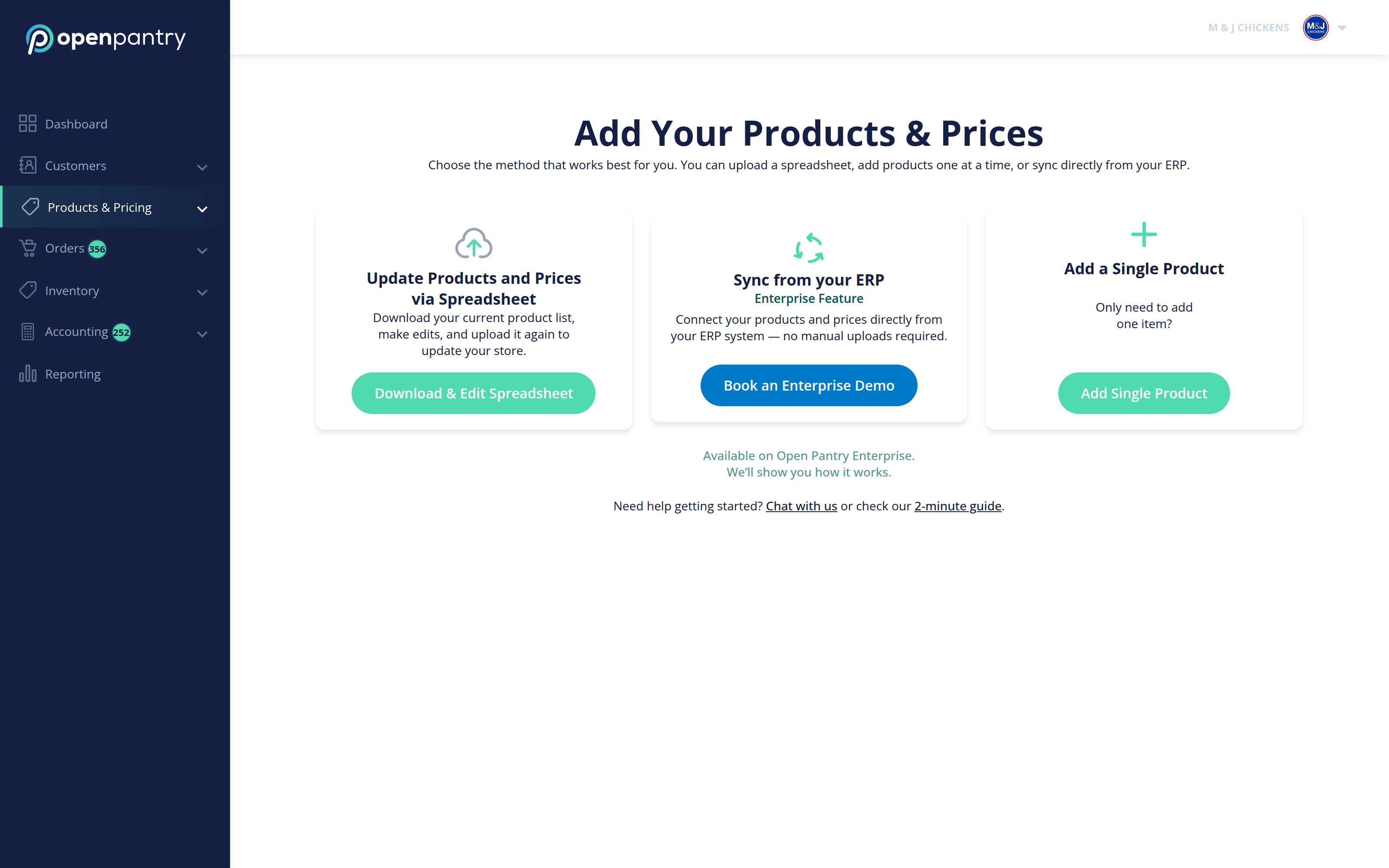 The Add Your Products and Prices screen with the Add Single Product option
