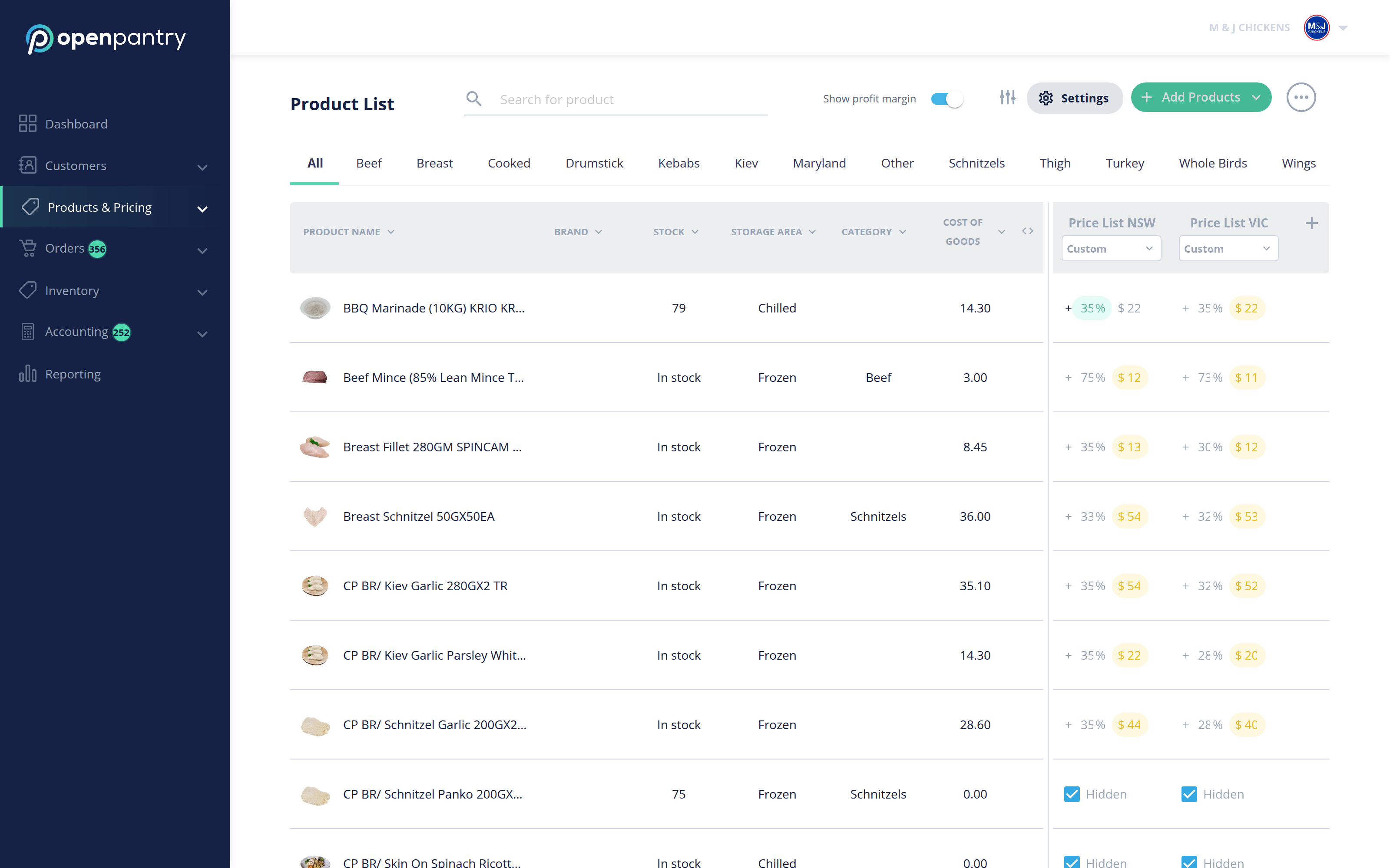 The Product List showing the product fields across the table columns