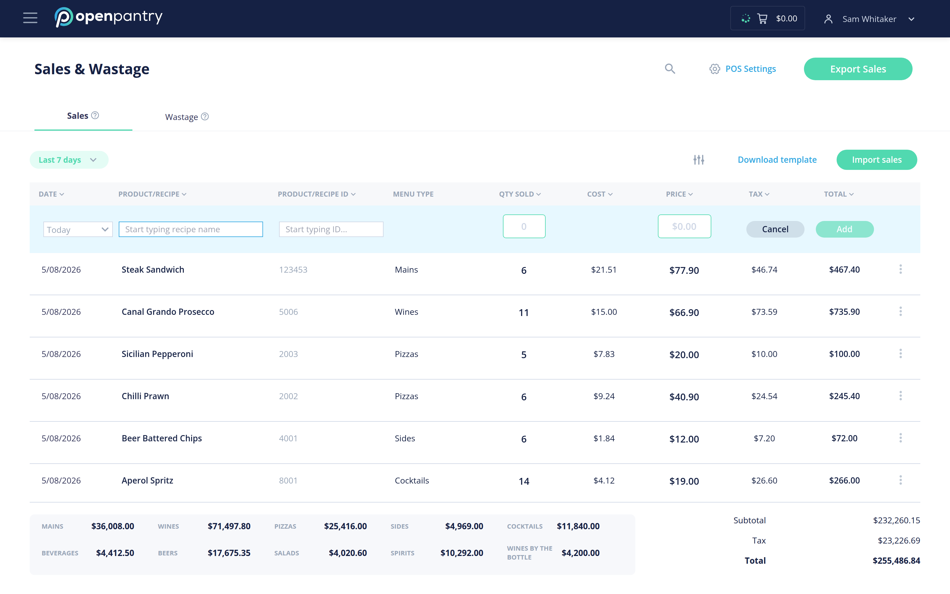 The Sales and Wastage screen with the Sales tab, its entry row and the totals below