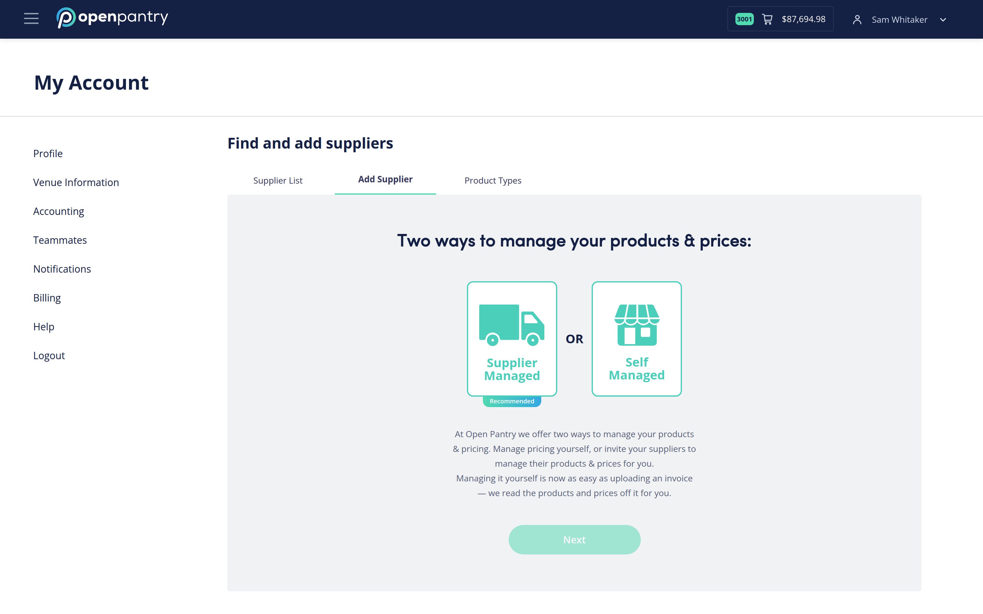 The Add Supplier screen offering Supplier Managed or Self Managed