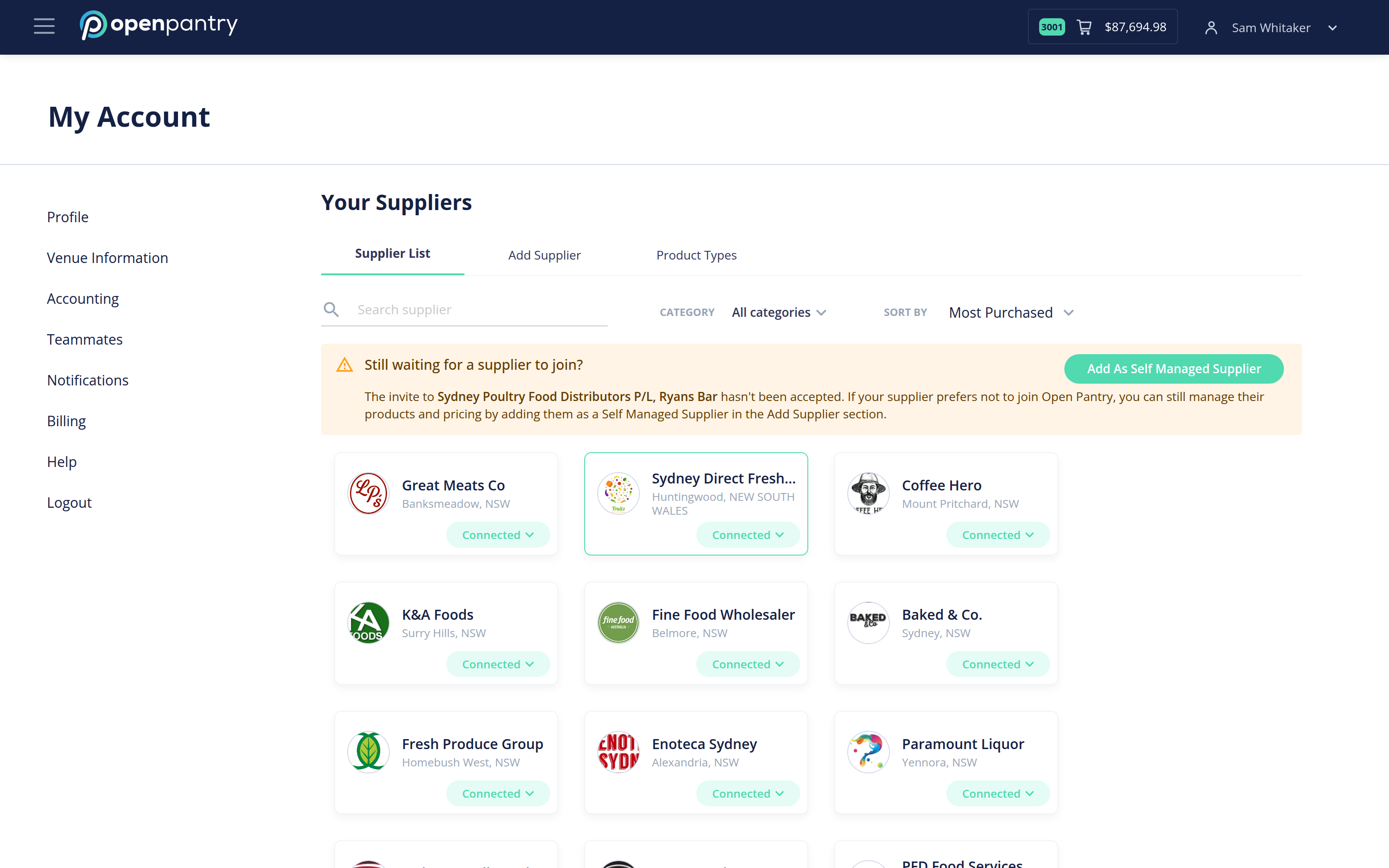 The Your Suppliers screen with the Supplier List, Add Supplier and Product Types tabs