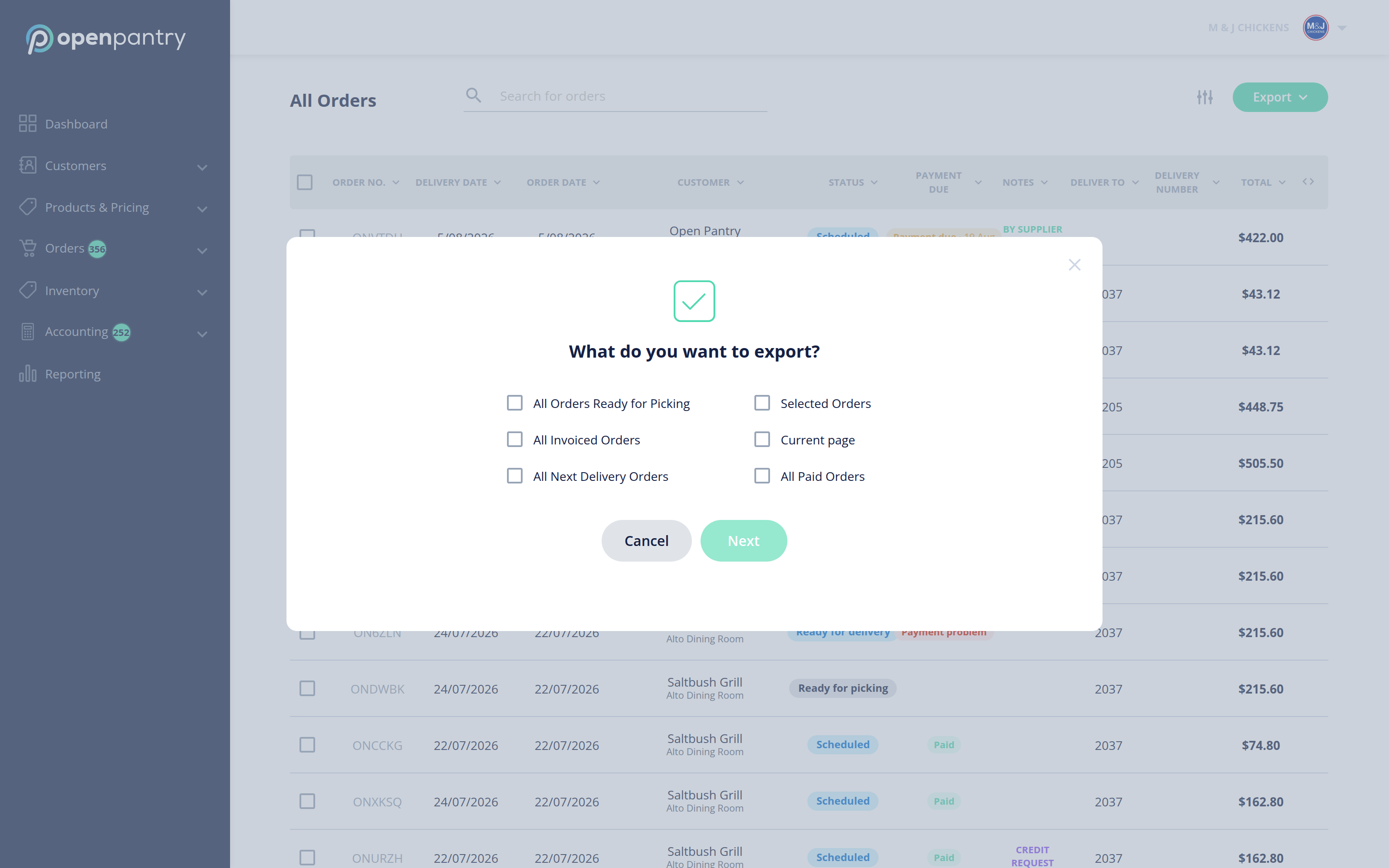 The export dialog, with Selected Orders among the options